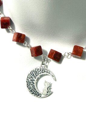 Red Reconstituted (Compressed) Coral w/ Silver Cat on the Moon Pendant Necklace